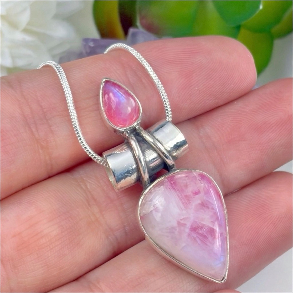 Blue Flash Pink Moonstone Pendant Boho Vintage New 925